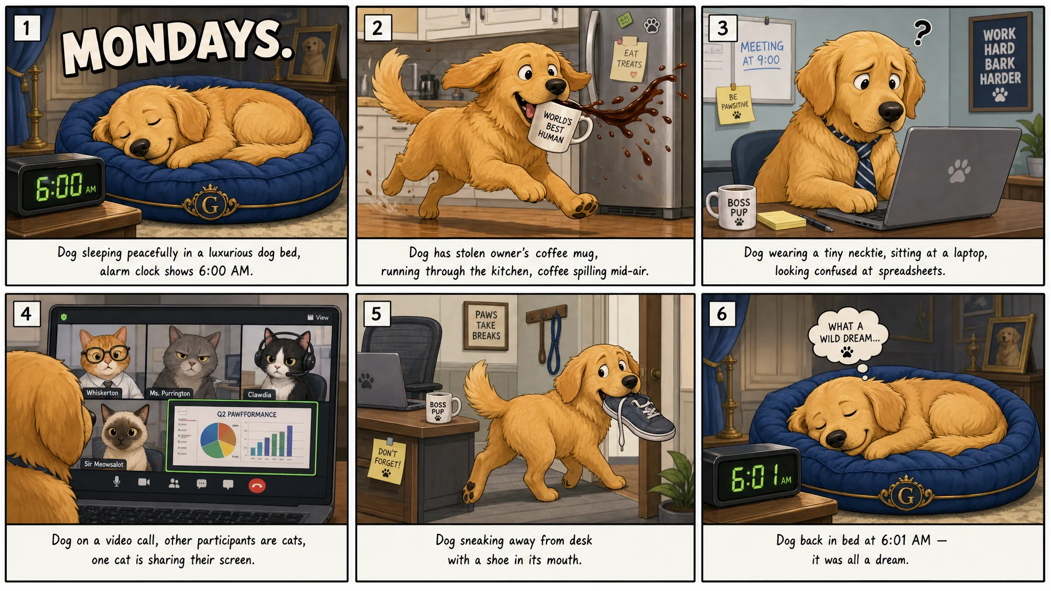 Hasil GPT Image 2 untuk jalur komik Isnin golden retriever enam panel.