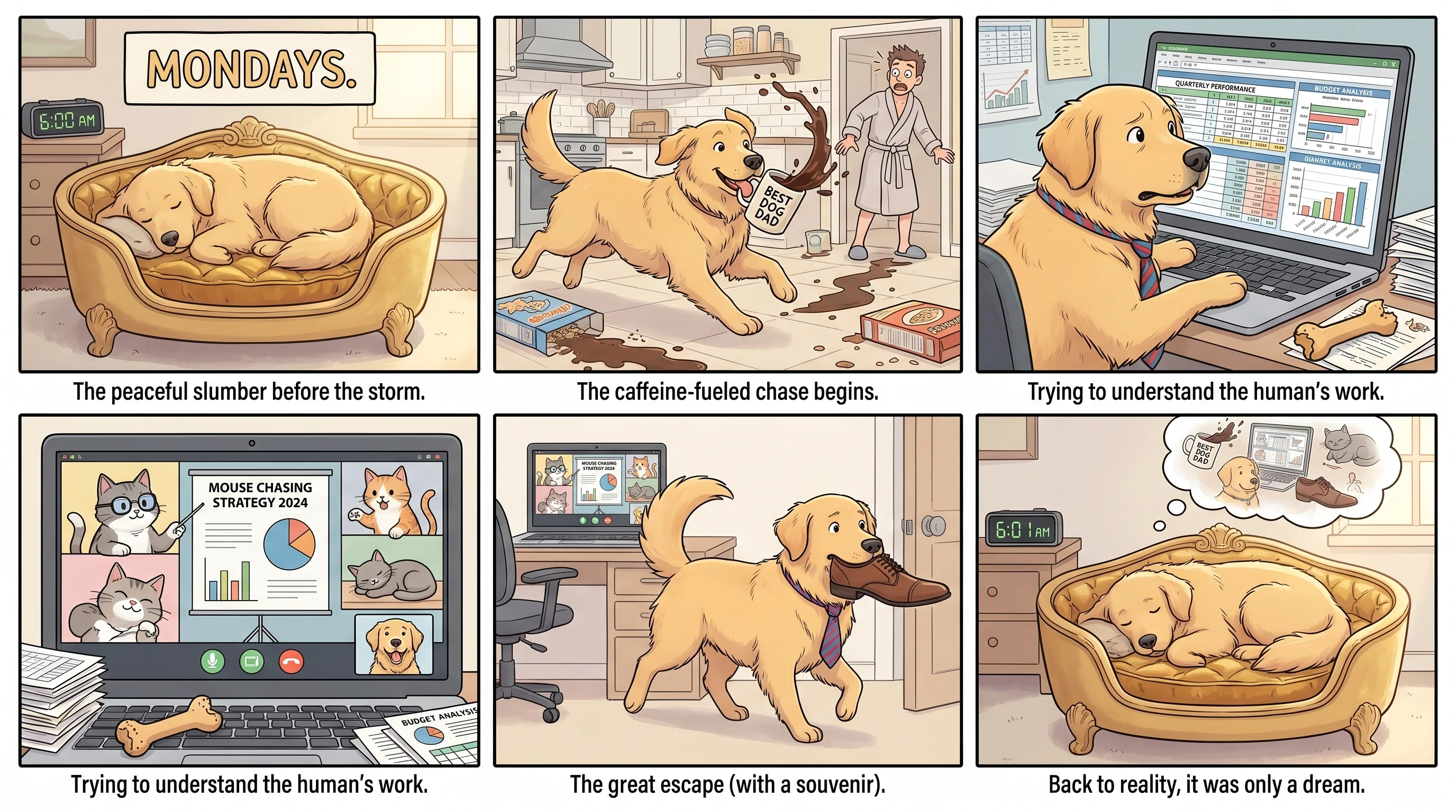 Hasil Nano Banana 2 untuk jalur komik Isnin golden retriever enam panel.