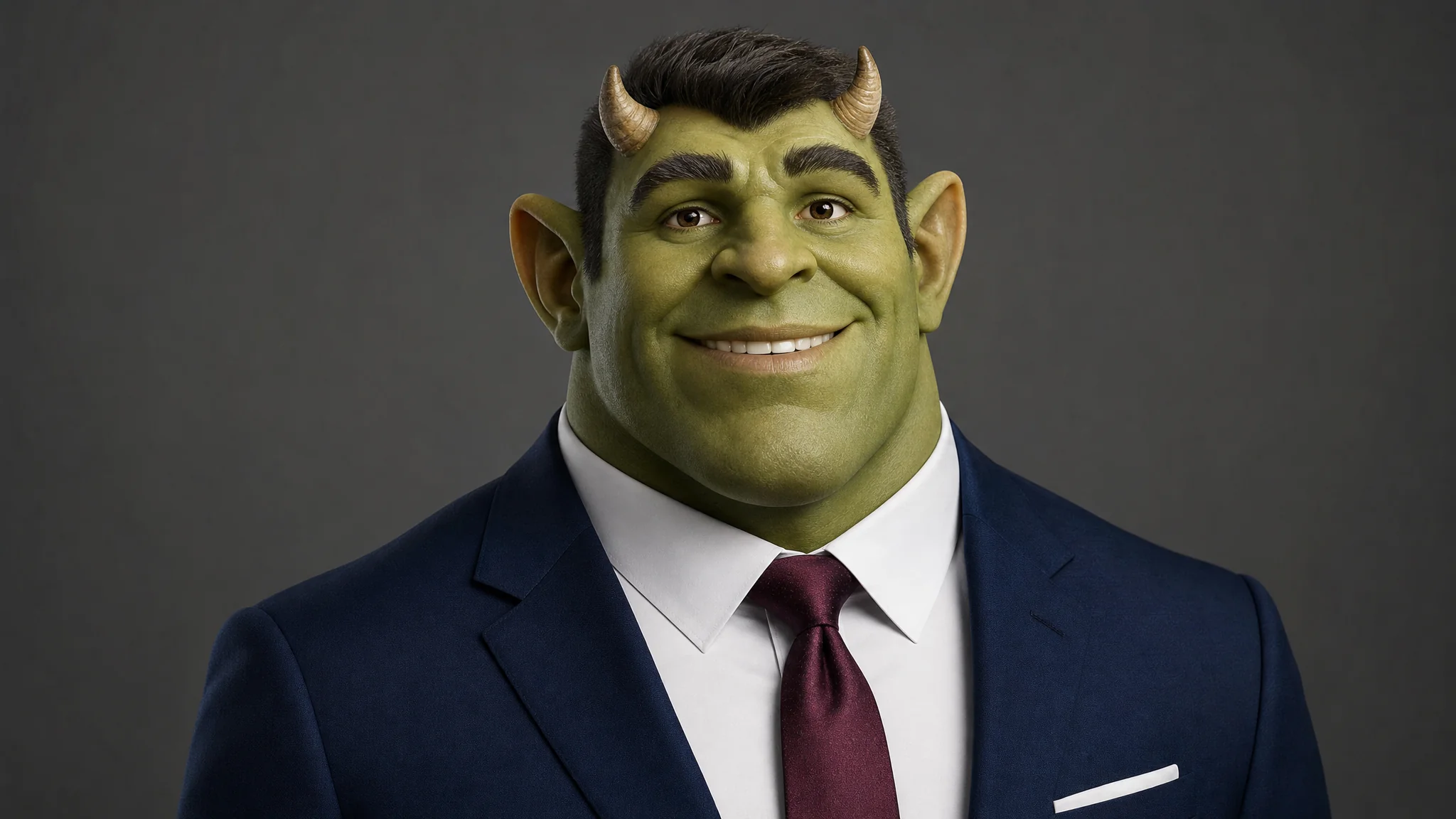 Hasil GPT Image 2 untuk potret eksekutif ogre berkulit hijau.