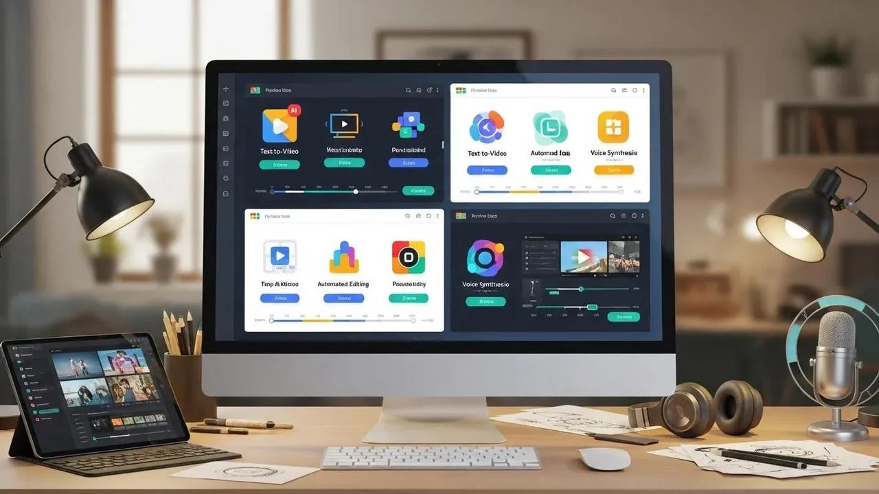 Ruang kerja pembuatan video AI dengan antarmuka penyuntingan multi-panel di monitor desktop