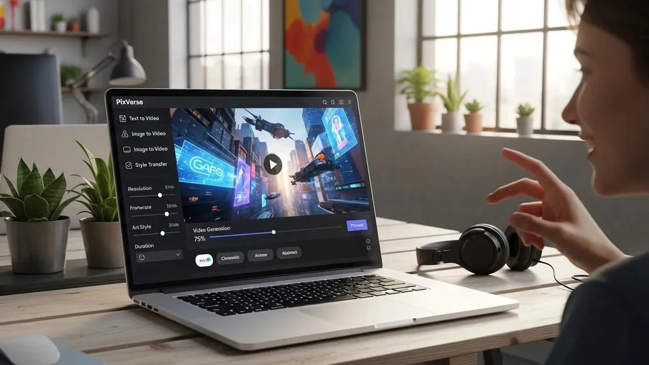 Antarmuka pembuatan video AI PixVerse di laptop dengan progres pembuatan dan preset gaya