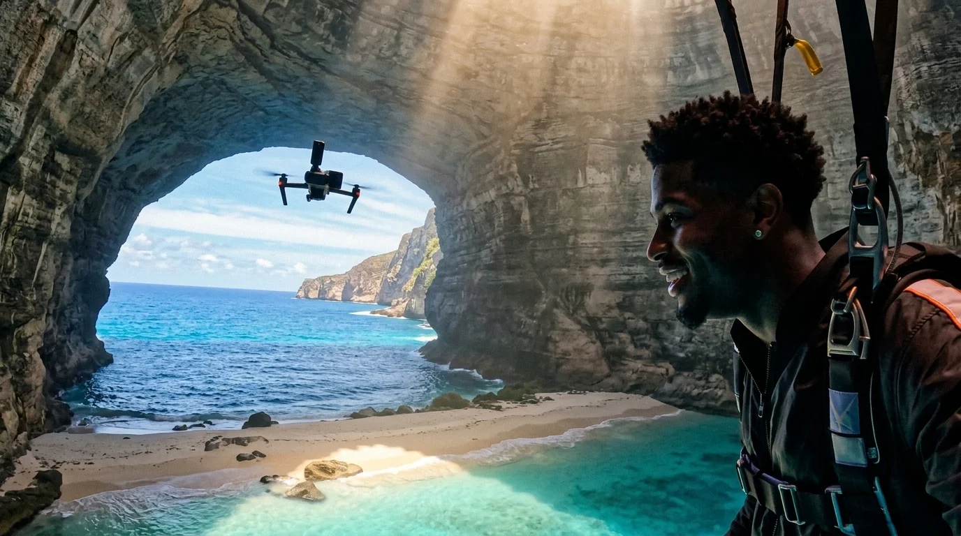 द्वीप पर Blue-Hole स्काइडाइविंग: एक फोटो से PixVerse क्लिप