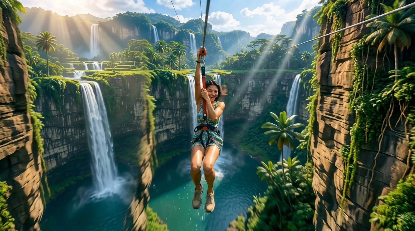 Jungle Zipline: Meluncur di Atas Air Terjun dan Puncak Pokok dengan AI