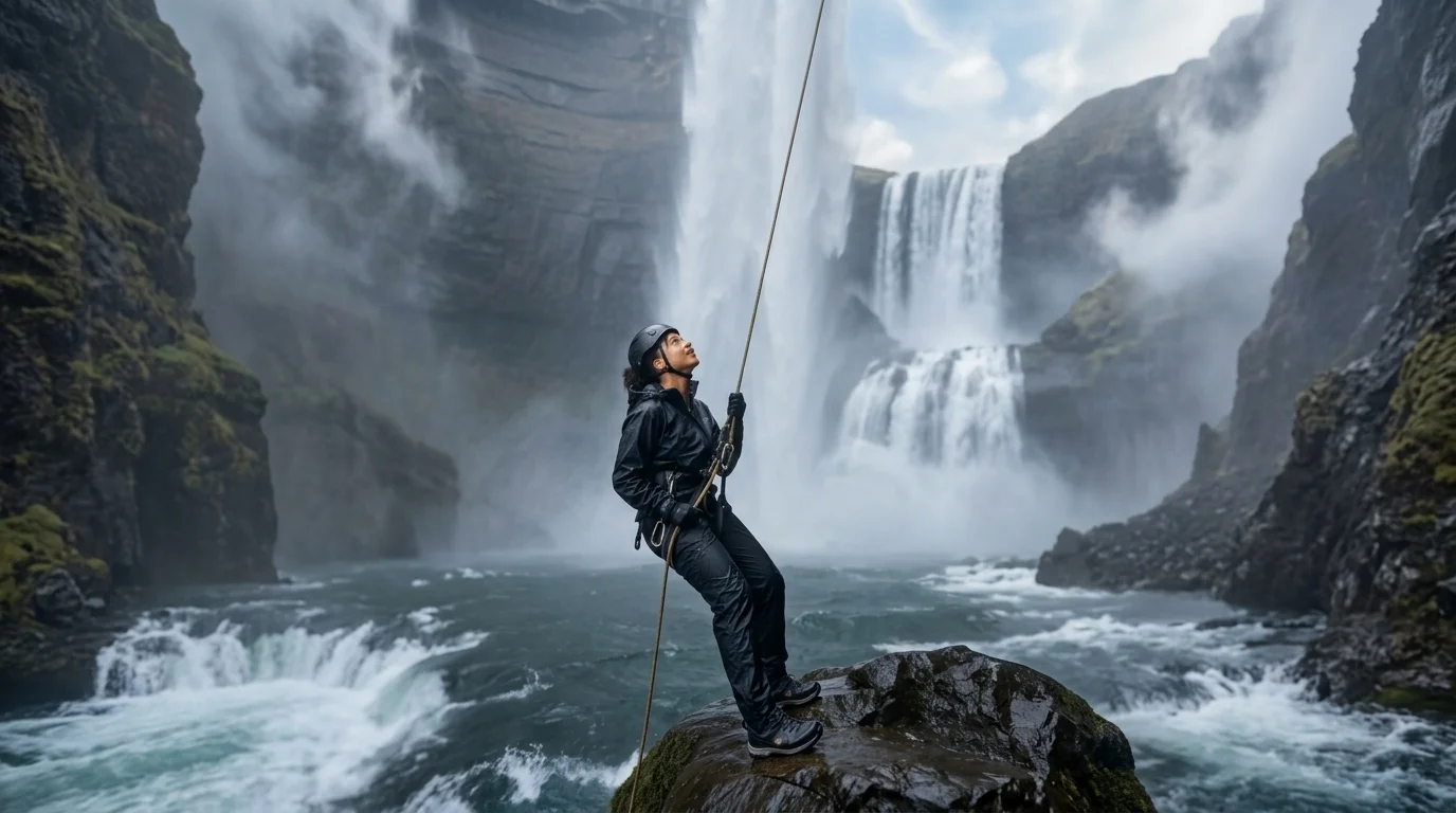 Waterfall Rope Rappelling: Video Kanion Air Terjun Ekstrem AI